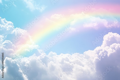 A pastel-colored arc stretches across fluffy clouds where a devoted dog waits patiently at the end on a day dedicated to honoring beloved pets at the rainbow bridge