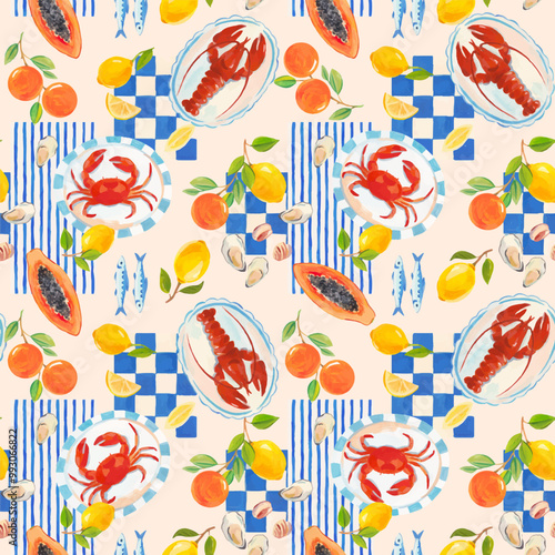 Beautiful vector seamless Summer Vacation Seamless pattern. Greek pattern with sardines, lemon, oysters, mussels, papaya, lobster and crab. Mediterranean bright print. Greek style.