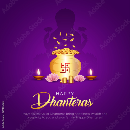 Happy Dhanteras Post and Greeting Card. Hindu Festival Shubh Dhanteras Celebration Poster with Goddess Lakshmi Vector Illustration