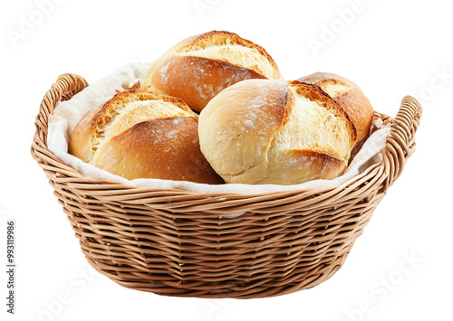 Freshly baked bread rolls in a wicker basket, isolated on transparent cutout background