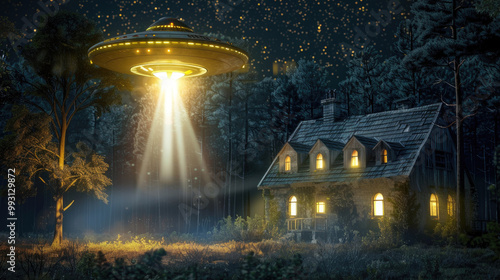 An unidentified flying object beams light over a rustic home surrounded by trees under a dark, star-filled sky