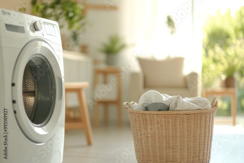 Fresh laundry drying in a sunlit room next to a washing machine and a wicker basket