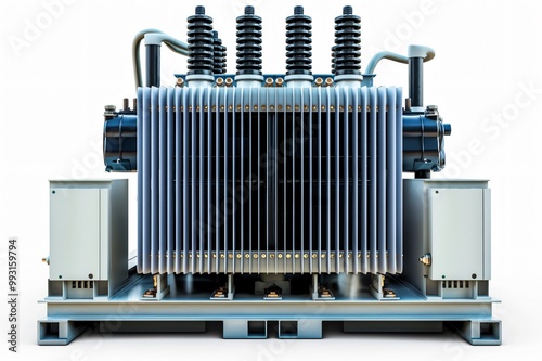 Large, modern, high voltage transformer is standing on a white background, showcasing its power and importance in electrical infrastructure