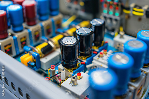 Close up of a voltage regulator highlighting capacitors and other electronic components on a circuit board