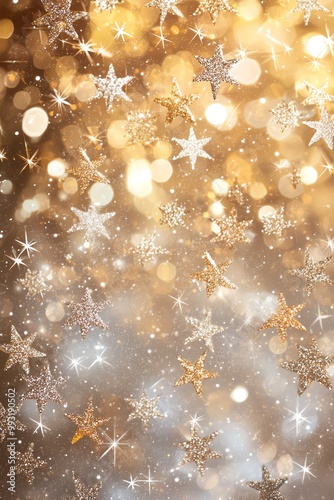 A sparkling, metallic background with a subtle, repeating pattern of stars and snowflakes in shimmering gold and silver tones, evoking a sense of festive, holiday glamour.