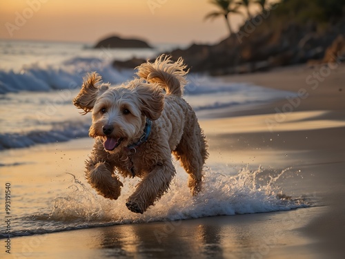 Golden Doodle biegającego na plaży wieczorem, zrobione kamerą filmową, przy użyciu portretu z oświetleniem kinowym