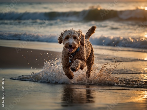 Golden Doodle biegającego na plaży wieczorem, zrobione kamerą filmową, przy użyciu portretu z oświetleniem kinowym