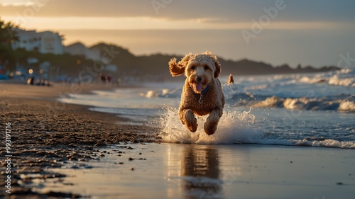 Golden Doodle biegającego na plaży wieczorem, zrobione kamerą filmową, przy użyciu portretu z oświetleniem kinowym