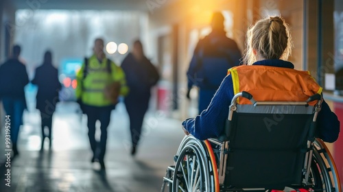 A disabled person receiving assistance during an emergency evacuation, showing preparedness and support