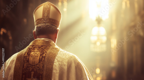 A bishop dressed in gold-embroidered robes stands inside a sunlit church, facing the altar, illuminated by beams of light. 