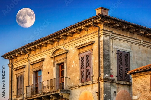 Characteristic and ancient facade of a building in Aversa with moon at a tilted angle, building, architecture, moon, traditional, culture, historical, tilted angle, historic, old-fashioned