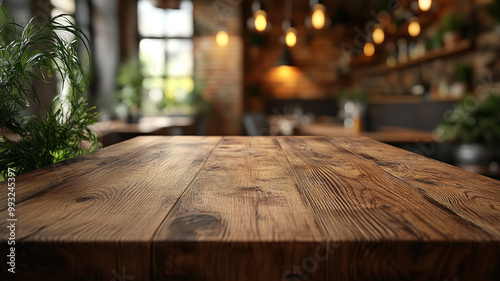 A wooden table with a plant on it