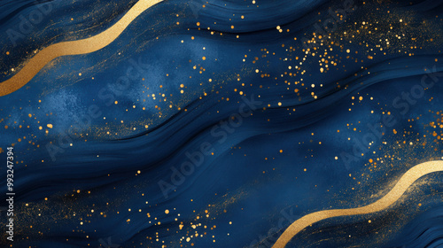 Elegant and timeless navy blue background with soft gold accents, featuring flowing waves and sparkling golden dots, perfect for sophisticated designs