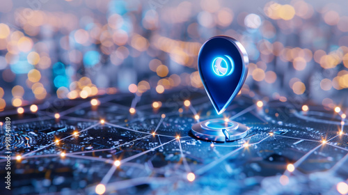 Location pin on digital map technology with glowing elements for navigation and connectivity