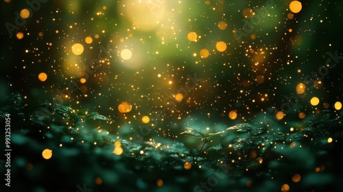 bokeh background of shimmering gold lights blending into a defocused emerald green canvas creating a dreamy and atmospheric effect perfect for celebrations or artistic displays