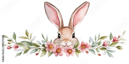 Watercolor illustration of easter bunny ears with flower. Easter, rabbit, hare, child's drawing for postcard, invitation, funny Easter card, Generative AI