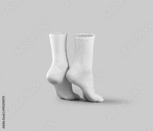 Mockup of white high socks on tiptoes, long gaiters 3d rendering, back view, pair apparel on feet, isolated on background.