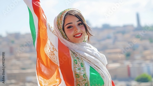 Proud Algerian Woman Celebrating National Day, Waving Flag in Traditional Attire with Cityscape Background on Sunny Day