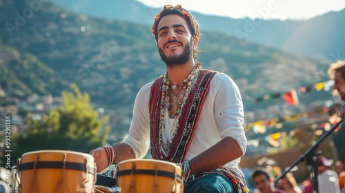 Joyful Lebanese Man Celebrating at Cedar Festival with Mountain Background