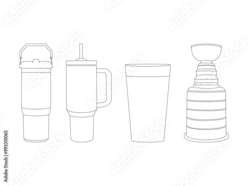 Set of Stanley Cup Outline Icon in various poses isolated on white background