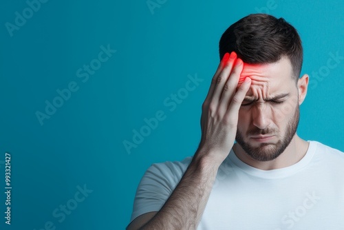 A young man in a white shirt experiencing a headache, holding his head in pain against a bright blue background.