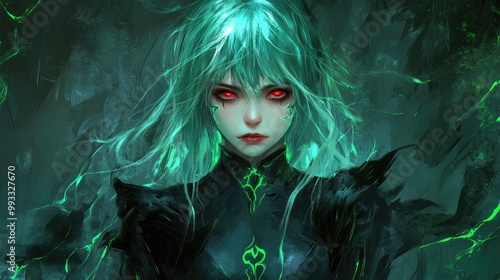 Enchanting warlock girl with green hair and red eyes adorned in black form fitting robes featuring glowing green runic designs