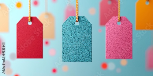 Colorful decorative tags with textured patterns, vibrant and stylish against a blurred background.