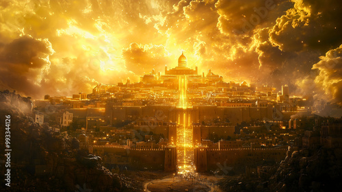 From the heavens descends the New Jerusalem made of gold, descend of God according to Bible. God calls His people to gather, as the divine city touches the earth.