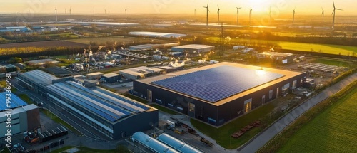 Aerial view of an industrial area with solar panels, wind turbines, and a sunset, showcasing renewable energy and modern infrastructure.