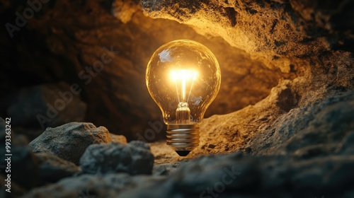 Light bulb glowing in a hidden cave representing the uncovering of ideas in unexpected locations