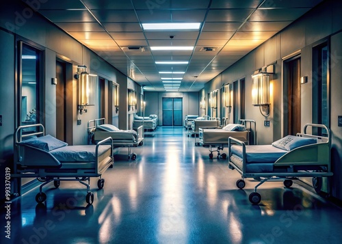 A deserted hospital corridor with empty beds, eerie lighting, and scattered medical equipment evokes a sense of tranquility and stillness amidst the pandemic crisis.