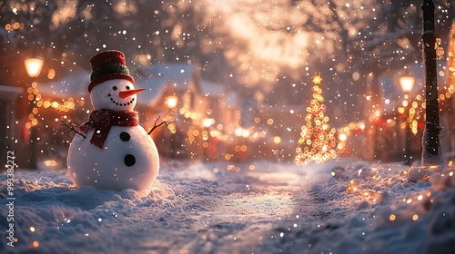 6. Snow falling gently on a small town square with Christmas lights, a decorated tree, and a cheerful snowman standing in the middle