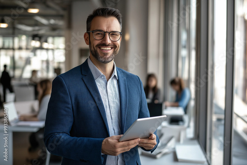 A man in a suit is smiling and holding a tablet. Other people are in the background