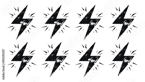 Lightning bolt symbol stamps isolated on transparent background, distressed grunge texture vector illustration, dust texture and grunge design, vintage lightning bolt graphics, distressed vector icons