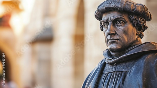 Bronze statue of man in historical attire, focusing on face and hat details, with blurred background