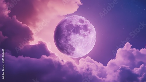 A stunning large full moon dominates the night sky, set against a vibrant backdrop of purple and pink clouds. 