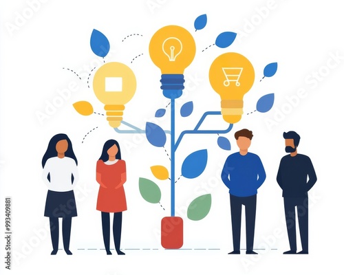 Diverse team standing around a plant with light bulbs representing ideas and growth.