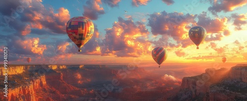 whimsical wanderlust vibrant hot air balloons drift over rugged canyon golden hour light vast sky painted in pastel hues adventure awaits below