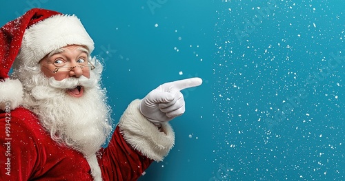 Cheerful Santa Claus in Snowy Scene with Festive Promotions