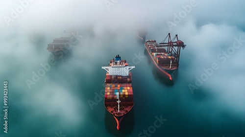 A detailed view of multiple cargo vessels immobilized in a harbor shrouded in fog, highlighting the challenges of a shipping blockade and the effects on global trade dynamics 