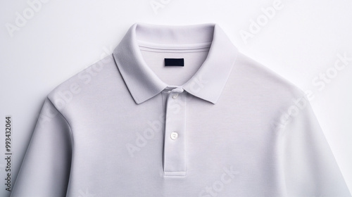 close up view of white polo shirt featuring classic collar and button placket, showcasing its smooth fabric texture and minimalist design.