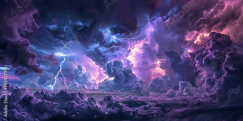 Thunderous clouds fill the sky as bolts of lightning dance, showcasing nature's powerful artistry at dusk.