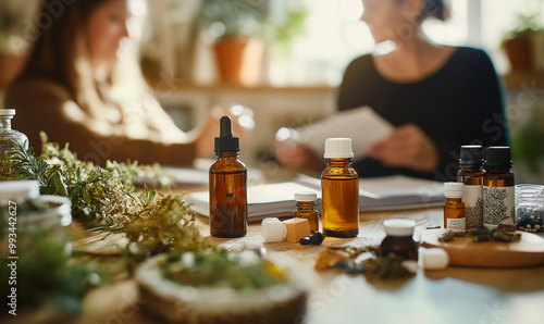 Patient consulting with a homeopathic practitioner, discussing natural remedies such as herbs and essential oils in a peaceful, holistic environment, highlighting alternative medicine practices.