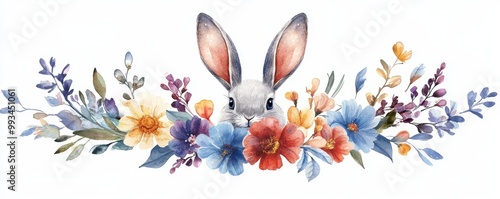 Watercolor illustration of easter bunny ears with flower. Easter, rabbit, hare, child's drawing for postcard, invitation, funny Easter card, Generative AI