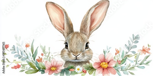 Watercolor illustration of easter bunny ears with flower. Easter, rabbit, hare, child's drawing for postcard, invitation, funny Easter card, Generative AI