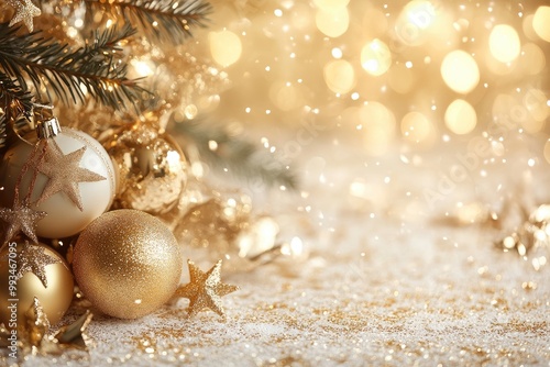 Christmas background with golden ornaments and fir tree branches on a shiny glitter background