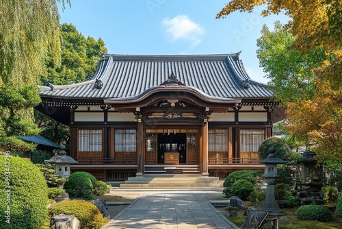 Traditional japanese buddhist temple building surrounded by a tranquil garden