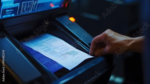 Close-up of ballot being scanned by electronic voting machine during electoral process