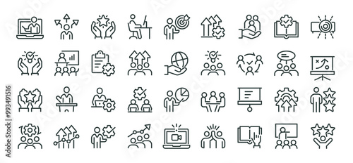 Workshop, team building, coaching meeting icons pack. Such line signs as business education, online learning, managing and motivation. Vector icons set for web and app in outline editable stroke.