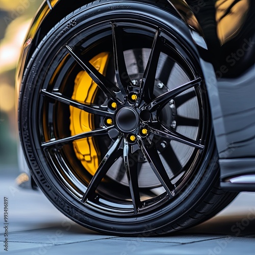 Close up shot of black light alloy wheels with yellow brake disc pad, low-profile tires of a car.